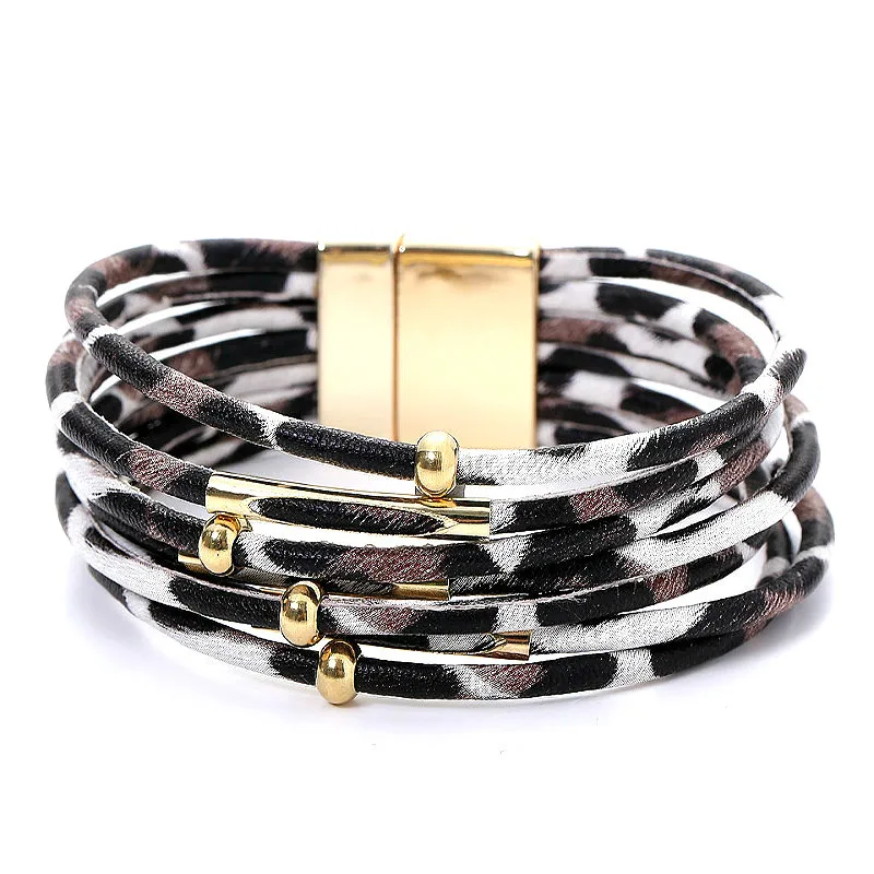 

SUKI Leopard Women Men Punk Metal Pipe Charm Elegant Multi-layer Faux Leather Wide Wrap Magnetic Bracelet Bangle