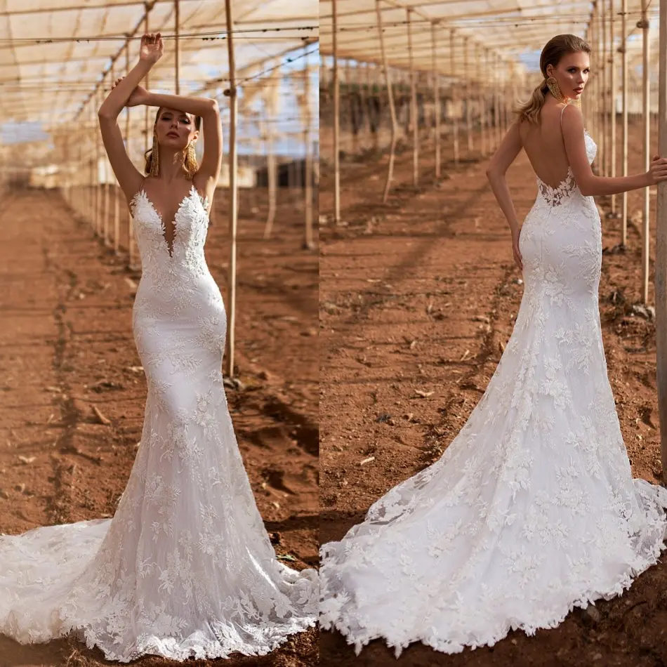 

Sexy Mermaid Wedding Dress Spaghetti V Neck 2020 Lace Appliqued Beach Wedding Gowns Backless Vestido De Noiva