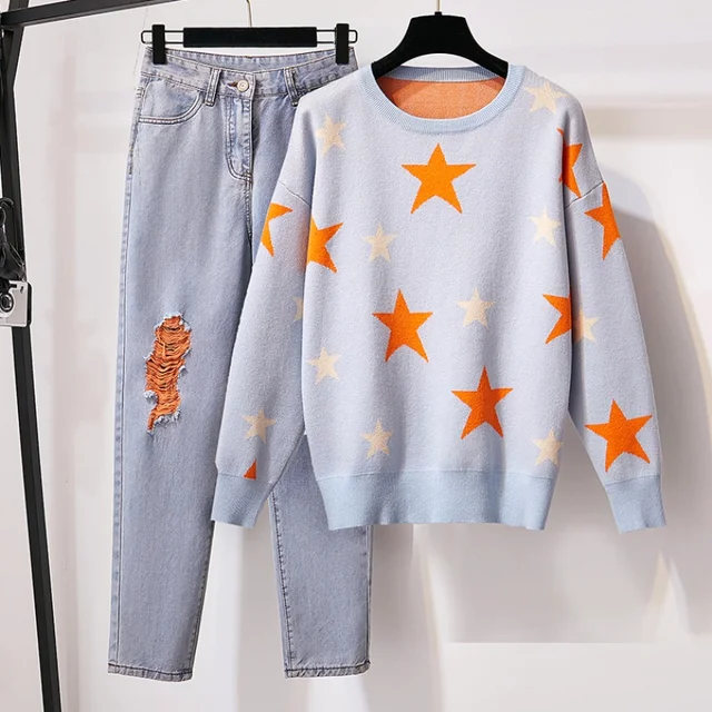 US $21.77 Plus Size Sweater And Denim Pants Two Piece Set Women Fashion Stars Jacquard Loose Pullover Jumper 