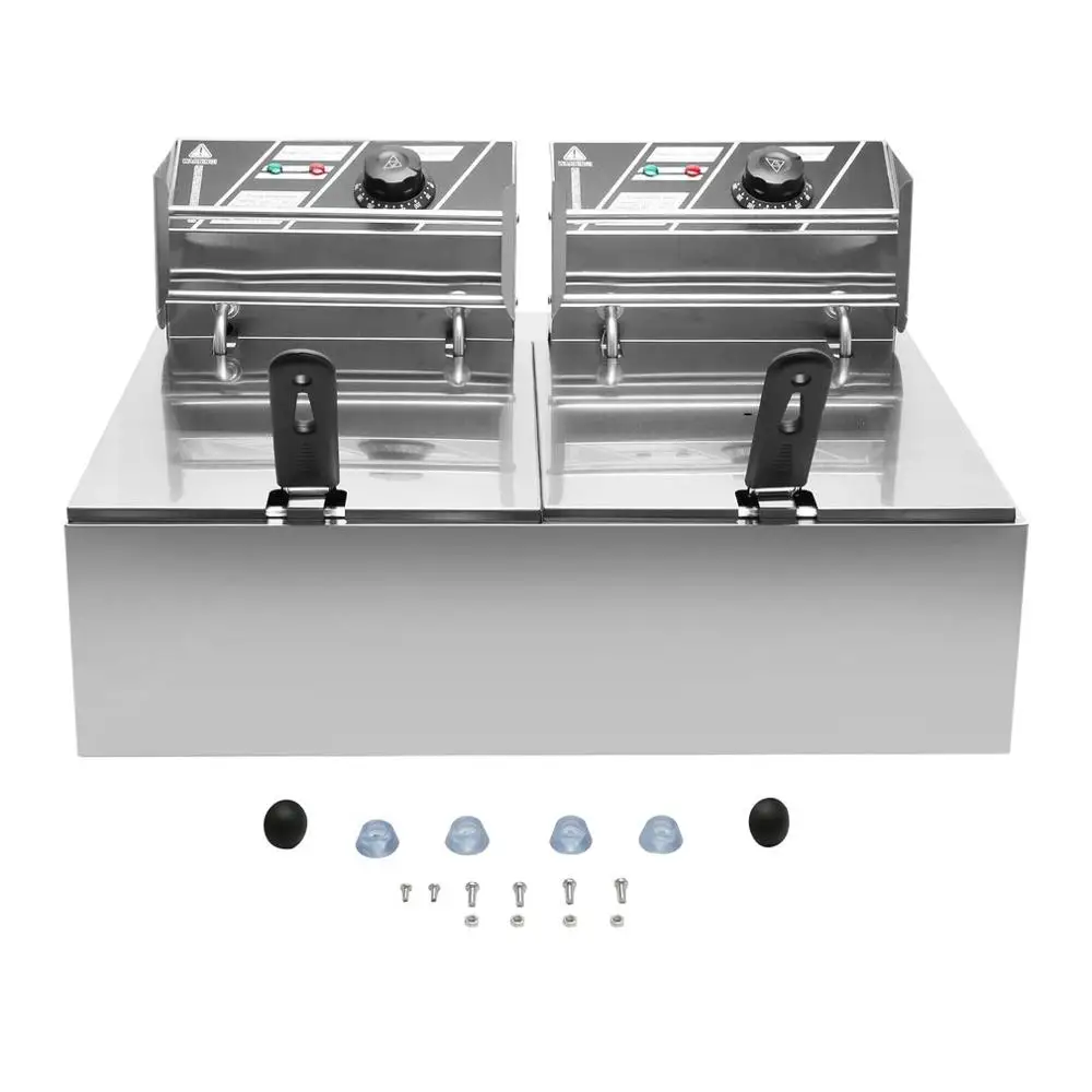

Commercial Professional Electric Stainless Steel Double Pots Deep Fryer Twin-tanks With Lids Baskets 2 x 10 Liter EU Plug
