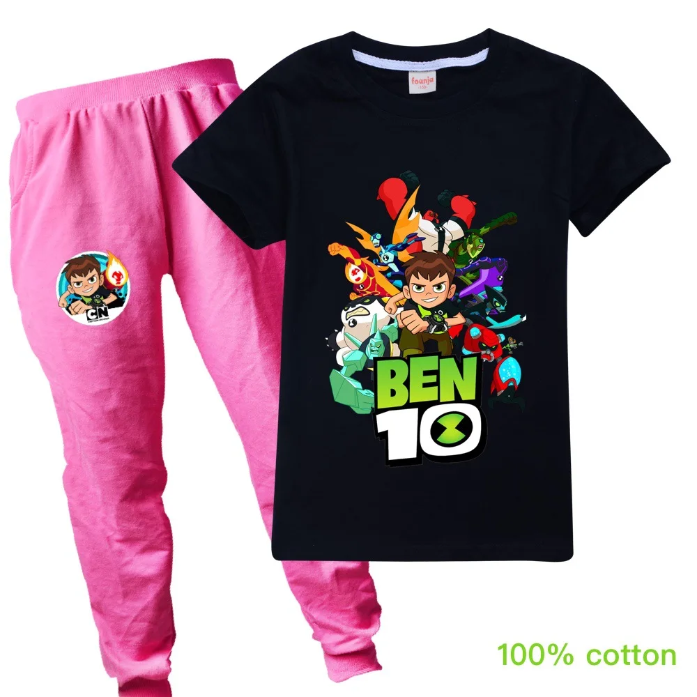 Ben10/Новинка; сезон весна-осень; детская хлопковая футболка с короткими рукавами и рисунком для девочек+ брюки; Детский костюм; одежда унисекс - Цвет: A16