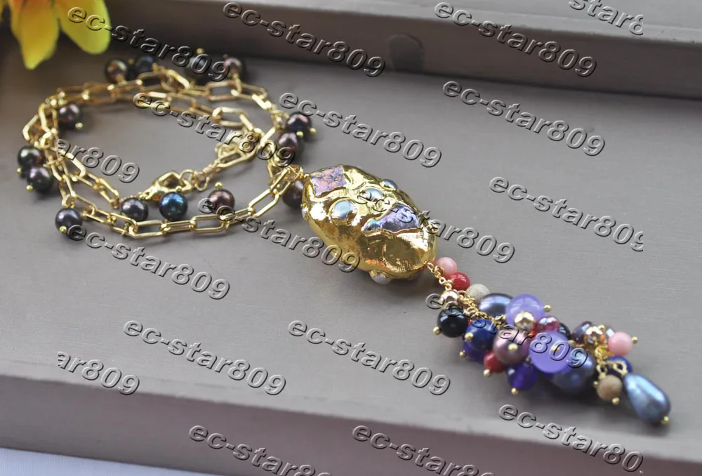 Z11387 19" Black Pearl Gold-Plating Purple Blue Gemstone Chain Grape Pendant