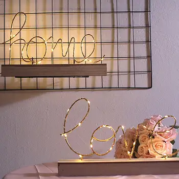 

Love/Home Hollow Design Metal Wooden Base LED Night Light Bedroom Lamp Decor