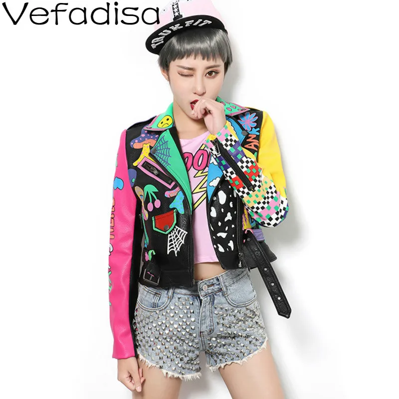 

Vefadisa Autumn Print Sashes Decoration Leather Coat Turn-down Collar Coat Zipper Full Sleeve Streetwear Woman Coat 2019 QYF307