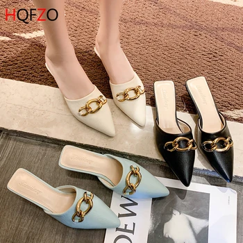 

HQFZO PU Leather Slip On Mules Pointed Toe Sexy Summer Women Shoes Low Heel Slippers Ladies Sandals Candy Colour Slides 2020 New