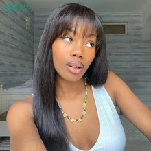 

Sexay Peruvian Straight Human Hair Wigs With Bangs Fast Shipping 200D Fringe Wig 10"-34" Full Machine Made Human Hair Bang Wigs