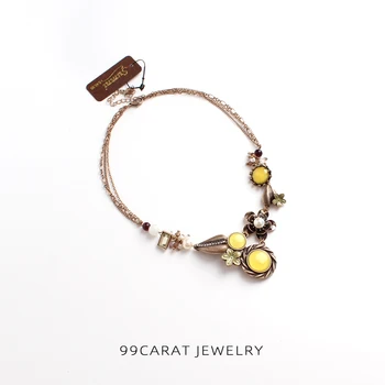 

Nine nine carat 2 European and American national fashion jewelry fresh yellow green retro flower short necklace (KF)