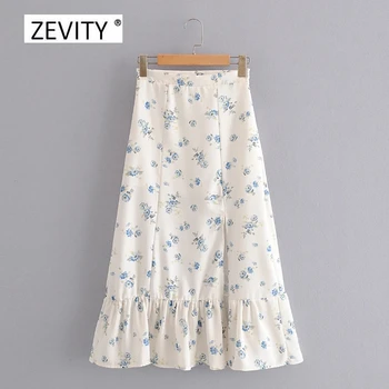 

Zevity New 2020 Women flower print hem pleat ruffles split A line skirt faldas mujer ladies side zipper chic linen skirts QUN643