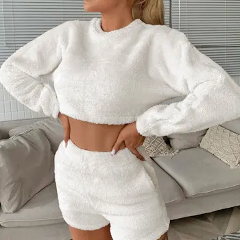 

2020 Women's Pajama Sets Cropped Top and High-Waist Shorts Pants Fleece Long Sleeve Round Neck Tops Fall Winter Clothes Suit