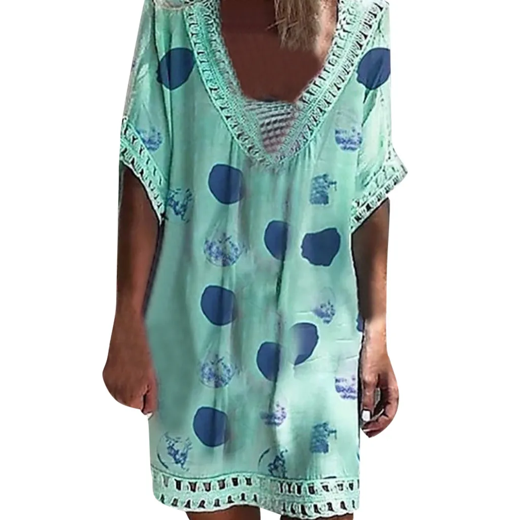 

Low Cut Hollow Dots Print Bat Short Sleeve Beachwear Dress Women Casual Loose Mini Boho Dress Summer Sundress female vestidos