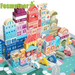 Fosmeteor juguetes de madera de colores para niños, escenas de tráfico de ciudad, forma geométrica, bloques de construcción ensamblados, juguetes educativos tempranos para niños