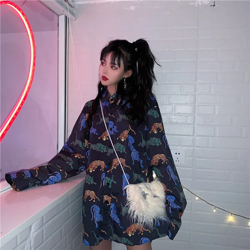 Neploe Harajuku Мужская и женская уличная одежда в стиле хип-хоп Блуза свободная негабаритная рубашка с принтом из мультфильмов винтажная блуза с длинными рукавами 55154