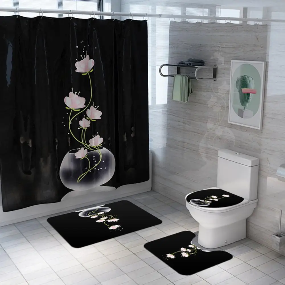 

GloryStar 1/3/4pcs Lotus Printing Shower Curtain Toilet Cover Mat Non-Slip Bathroom Rug Bathroom Set