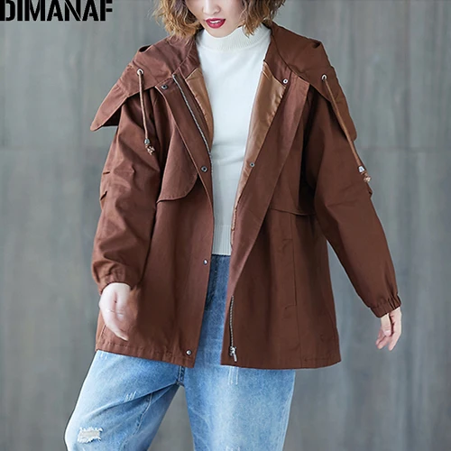 DIMANAF/Женская куртка-бомбер большого размера, пальто с капюшоном, Осень-зима, женская верхняя одежда на молнии, свободный большой размер, длинный рукав, утолщенная - Цвет: JJJ99066CN-kafei