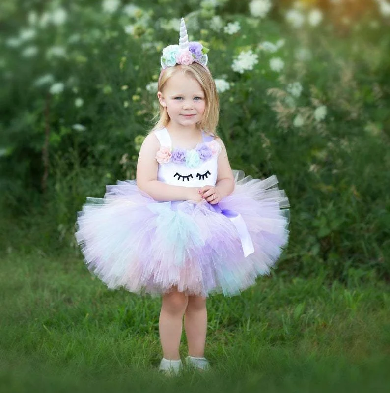 Baby Girls Pastel Unicorn Tutu Dress Kids Crochet Flower Tulle with Hairbow Children Birthday Party Costume Cartoon | Детская одежда и
