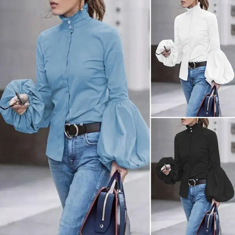 

SUMMER Autumn new Autumn Ladies Wide Lantern Sleeve Blue Blouse Women Button Down Shirts Female Turtleneck Tops Clothes