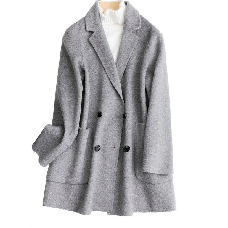 Женское пальто средней длины с отложным воротником и пуговицами, шерстяное женское серое Черное Осеннее шерстяное пальто Casaco Feminino