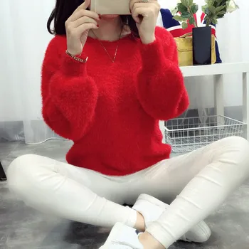

Autumn Winter Thick Sweater 2019 Women O-Neck Long Sleeve Knitted Jumper Solid Color Ladies Slim Pullovers