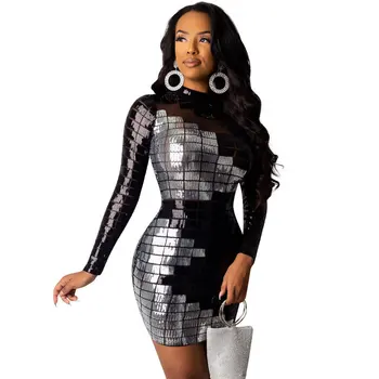 

Women Autumn Winter Long Sleeve Geometric Sexy Bodycon Mini Dress Sheer Mesh Skinny Sequins Dress Party Night Club vestidos