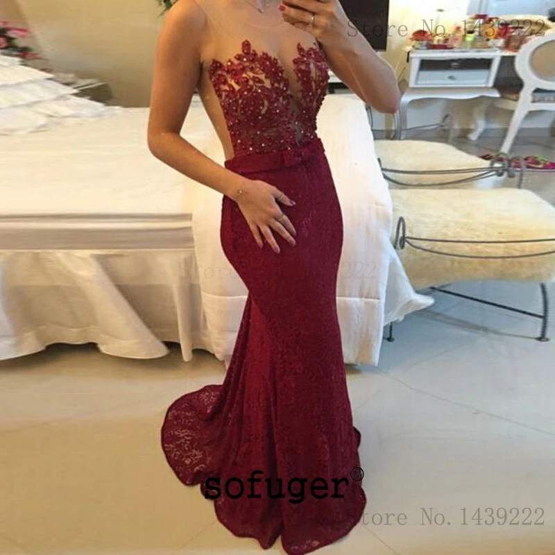 Элегантное кружевное вечернее платье с круглым вырезом для выпускного вечера, жемчужные кружевные орнаменты русалки, длинное арабское платье для особых случаев, большие размеры - Цвет: Бургундия