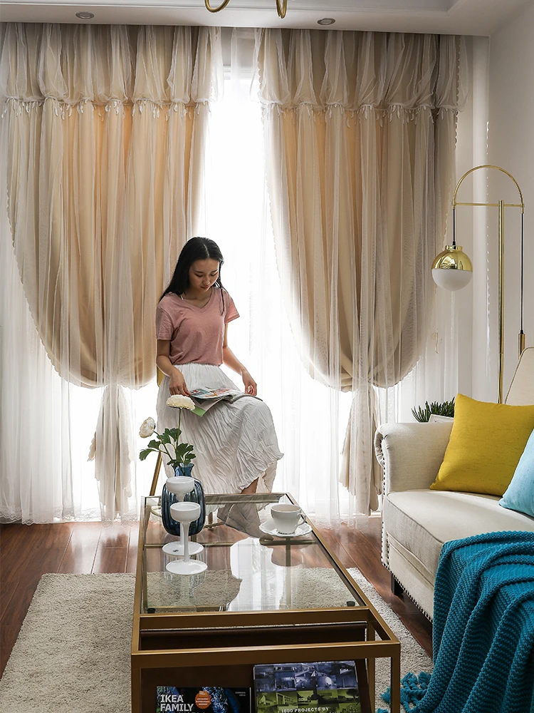 

Princess wind curtain shade cloth bedroom window short curtain Nordic simple lace double - layer cloth yarn body.