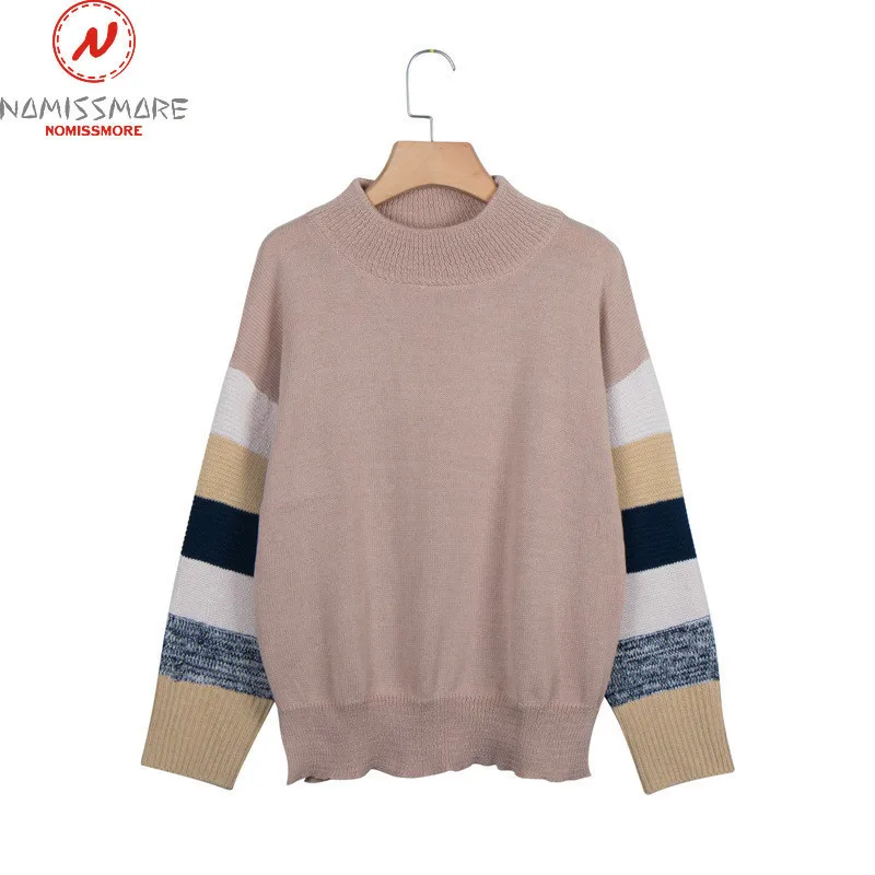 Women Streetwear Sweaters Patchweork Color Matching Design O-Neck Long Sleeve Autumn Winter Casual Loose Knitted Pullovers Top