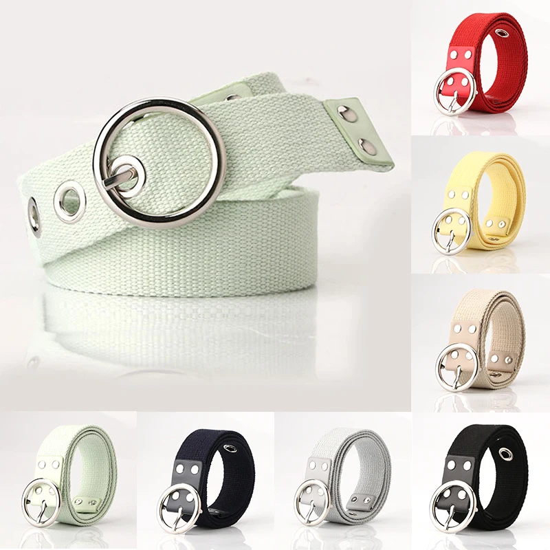 

Women Belt Punk Style Round Pin Buckle 1Pcs Single Grommet Hole Waist Strap Rivet Eyelets Canvas Belt Jeans Dress Waistband
