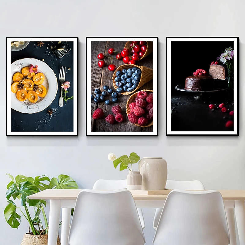 Food Kitchen Poster Wall Art Canvas Print Blueberry Fruit Dessert Painting Decorative Picture Modern Dining Room Decoration