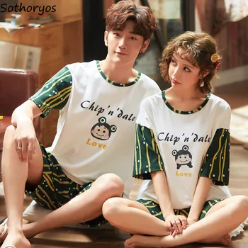 

Pajama Sets Shorts Sleeve Couples Printed O-neck Leisure Simple Sleepwear Home Clothing Korean Style Summer Thin Breathable New