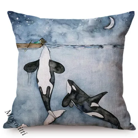 Blue Whale Style Ocean Animal Cushion Cover Water Color Painted Girls and Whale Dolphin Fairy Tales Decoration Sofa Pillow Cover 0097-6
