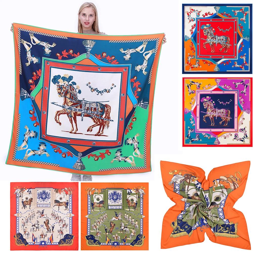 

130*130cm Elgant Scarf Bandanna Twill Silk Scarf French Horse Print Women Square Scarves Kerchief For Ladies Fashion Shawl Wraps