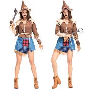 

Cosplay Wizard Scarecrow Stage Show Performance Costume Carnival Party Costume Halloween Costumes Women Khaki Top&Denim Skirt
