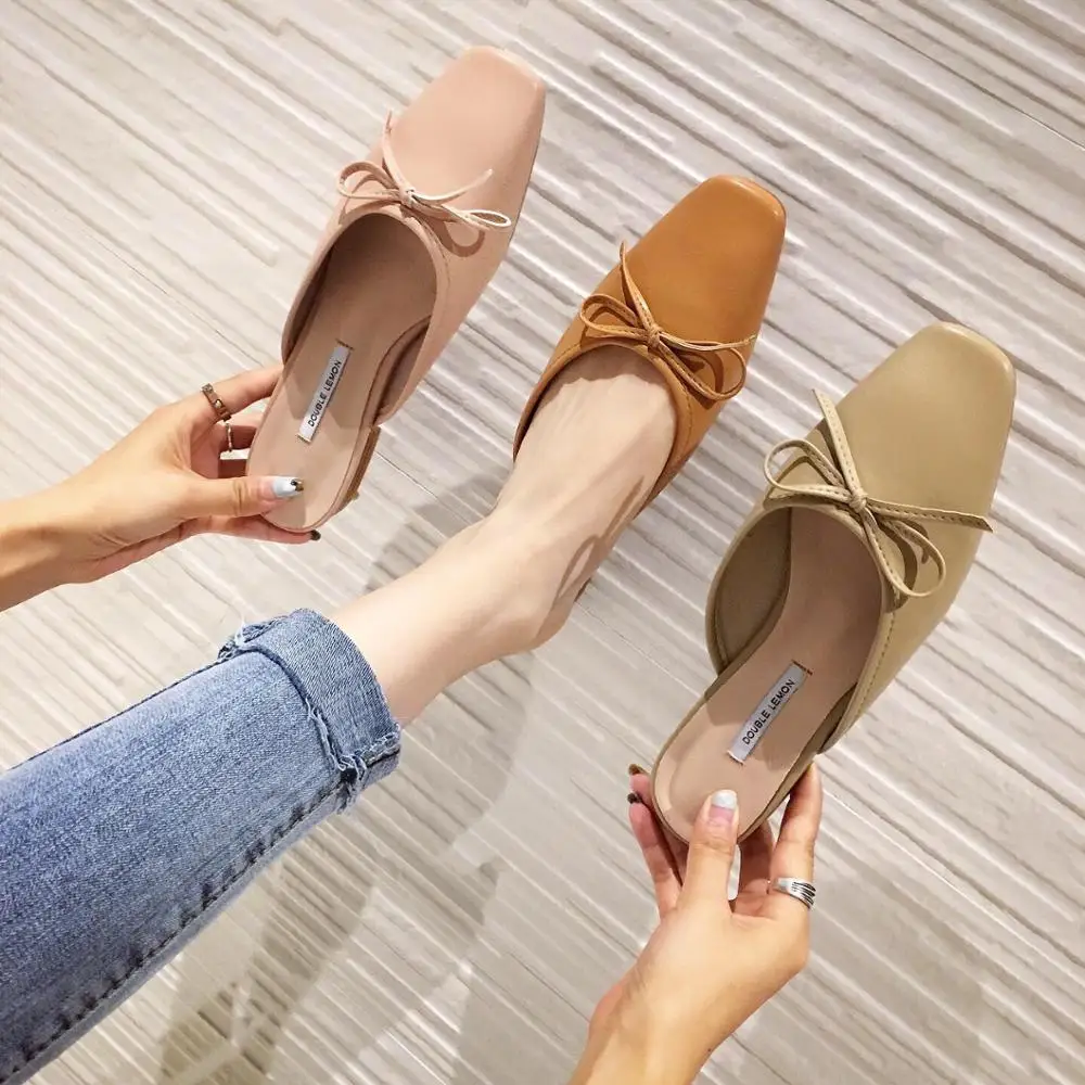 

Shoes Flat Slippers Designer Slides Cover Toe Mules Women Butterfly-knot Loafers Luxury Soft Summer 2019 Sliders Rome PU
