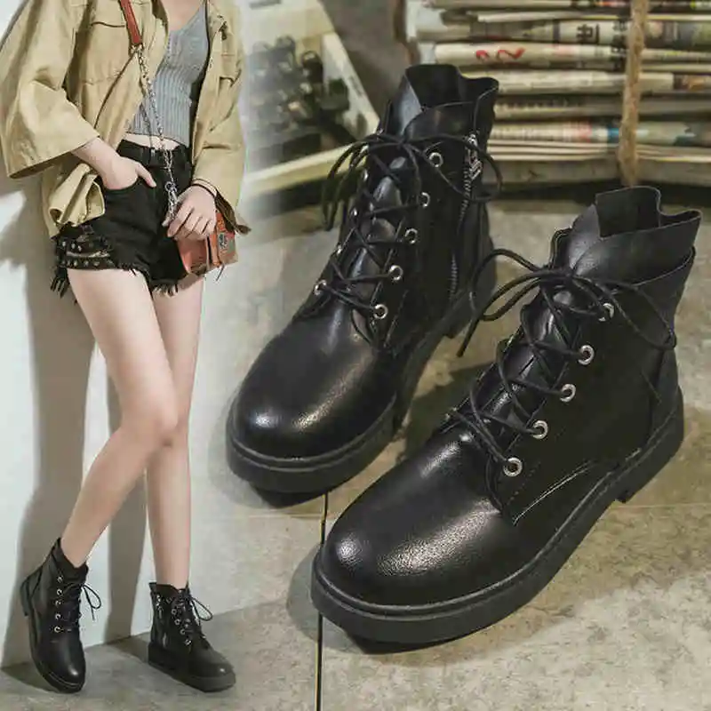 

women's boots 2019 Motorcycle boots Martin boots British style breathable round toe lace-up flat heels Ankle Boots short boots