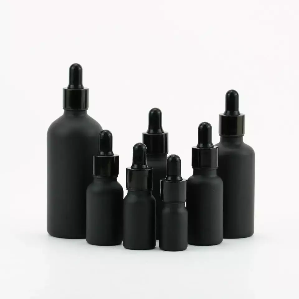 5pcs 5ml/10ml/15ml/20ml/30ml/50ml Black Frosted Glass Dropper Bottle Empty Cosmetic Packaging Container Essential Oil Bottles
