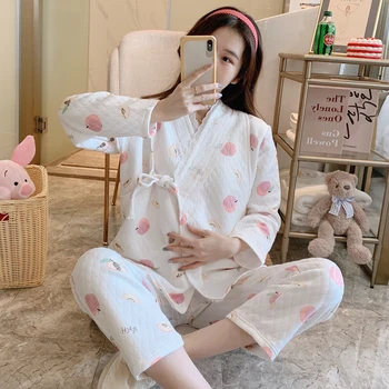 

Autumn Women Japanese Pajamas Sets Full Pure Cotton Kimono Robes Yukata Suits Nightgown Lace Sleepwear Bathrobe Leisure Homewear