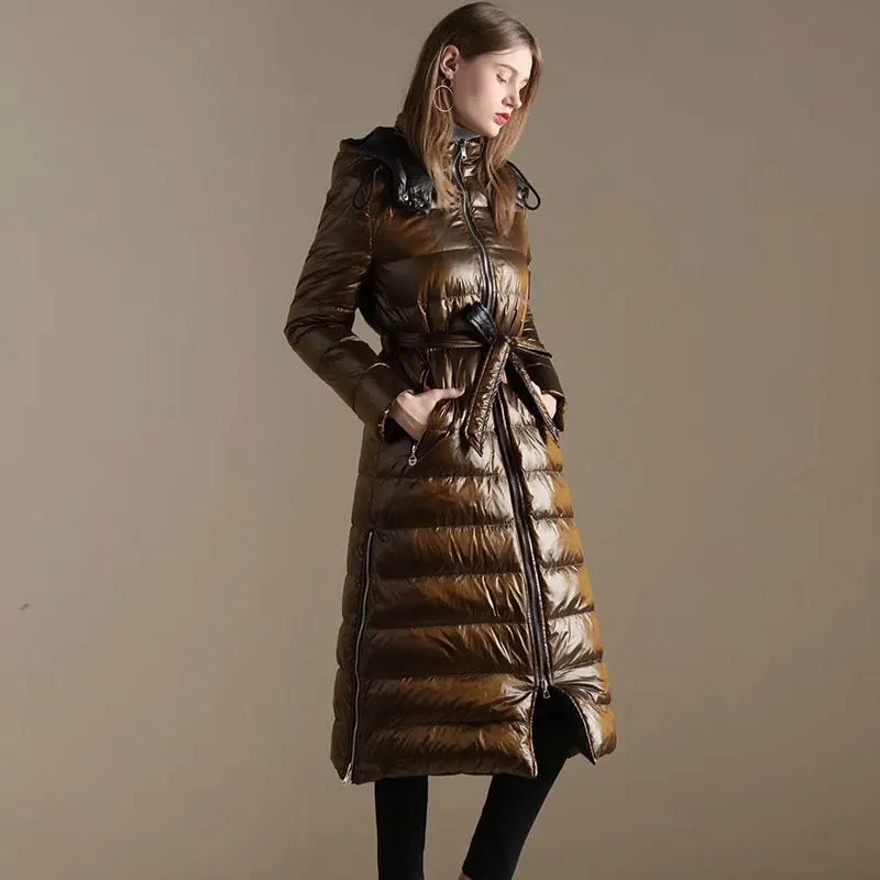 Earth color Европейский женский пуховик, куртки, зимняя парка с капюшоном, высокое качество, белый утиный пух, длинная куртка, женская с поясом, Двусторонняя одежда - Цвет: Earth color