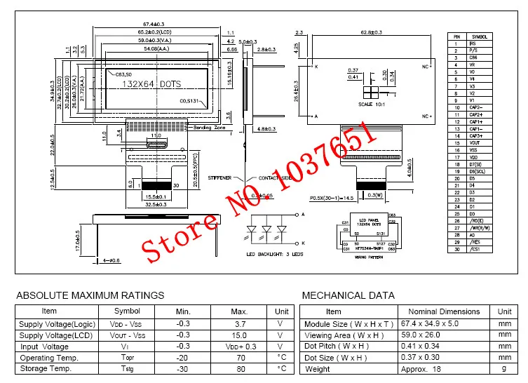 Módulo gráfico lcd integrado 13264 nt7534h