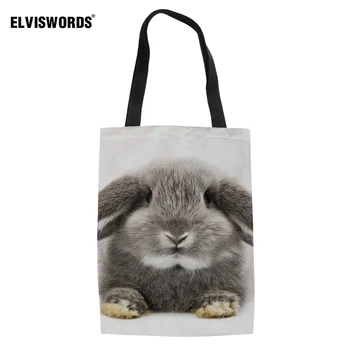 

ELVISWORDS Cute Rabbit Printing Ladies Handbags Folding Messenger Bag for Book Reusable Summer Beach Shoulder Bag Kids Tote Bag