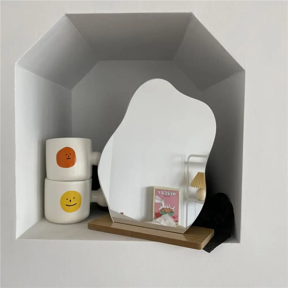 

Irregular Shape Mirror Acrylic Makeup Mirror Stand With Wooden Base Stand Irregular Edge Desktop Cosmetic Mirror