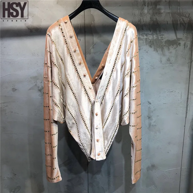 【HSY】2019 осень зима новые женские горячие полосы розовый бархат с длинным рукавом