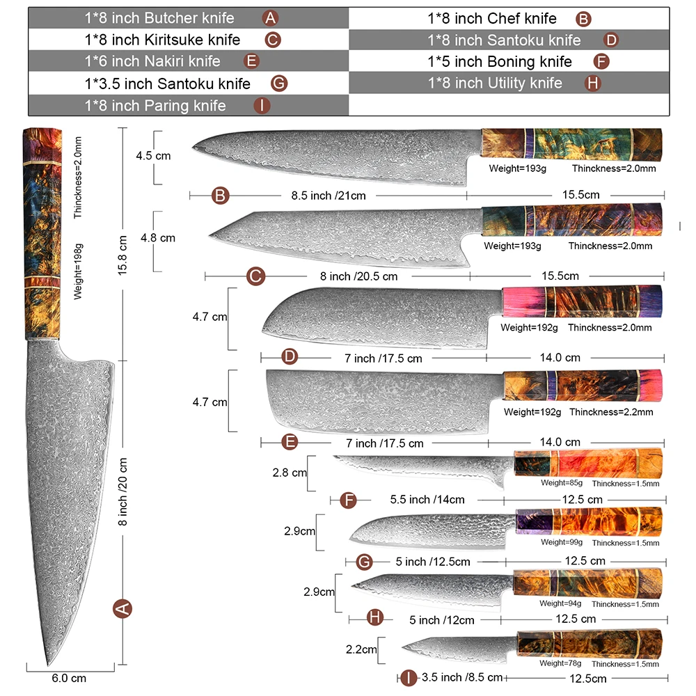 XITUO Kuzhinier Nakiri Knife 67 Shtresa Thikë Japoneze Damascus Steel Damascus 8 Inch Thikë Kuzhine Damasku Dru i ngurtë HD