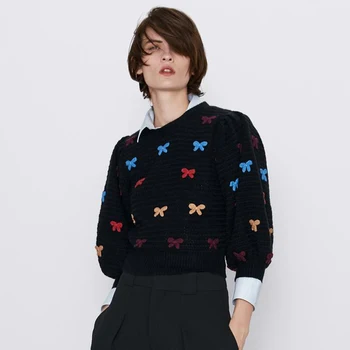 

Buona notte O Neck Bow Sweaters Women Fashion Puff Sleeve Sweater Women Elegant Three Quarter Sweaters Female Ladies JY