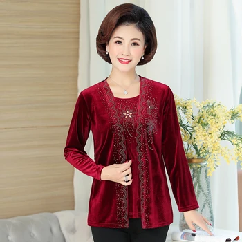 

Spring Velvet T-Shirts Middle Age Mother Tee Shirt Casual Plus Size Women Diamond Tops Bottoming Shirt Loose Pullover T-shirts