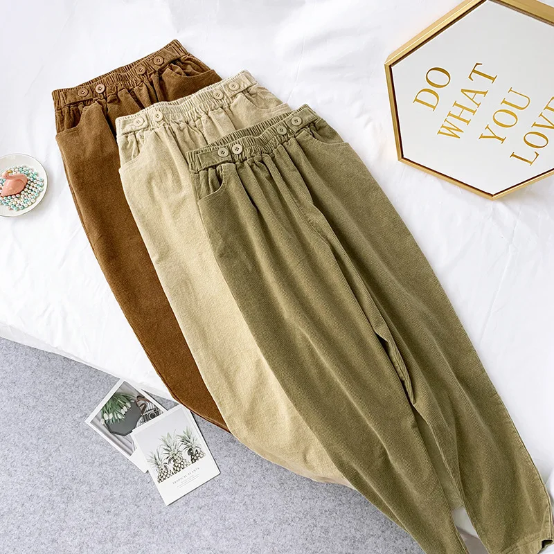 

Wasteheart Autumn Winter Women Fashion Khaki Green Long Pants Harem Pants High Waist Female Pants Casual Plus Size Corduroy