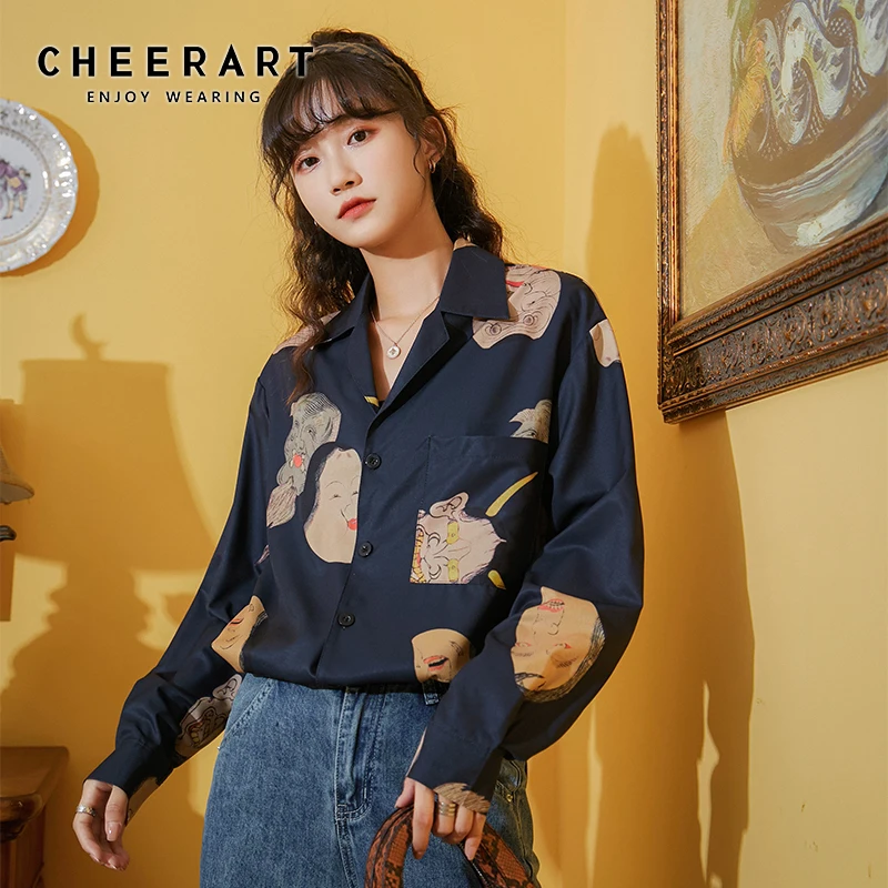 Женская блузка CHEERART Ukiyoe Hannya с длинным рукавом голубая рубашка лацканами и
