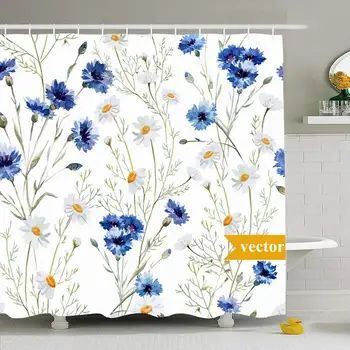 

Shower Curtain Set with Hooks 66x72 Trend Spring Isolated Drawing Watercolor Leaf Cornflower Daisy Pattern Nature Decoration
