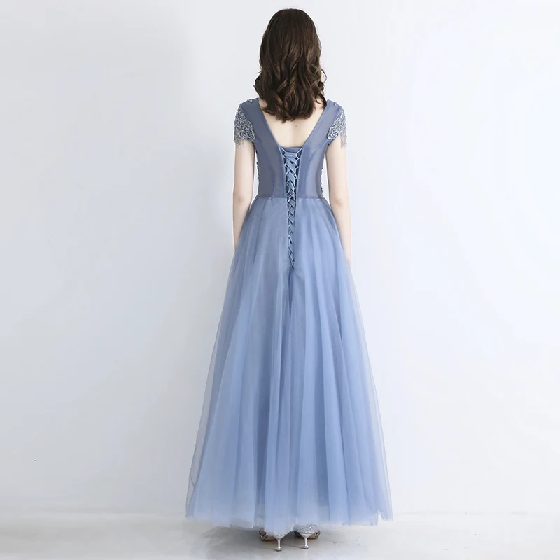 SSYFashion Новое Вечернее платье, для банкета элегантное серое Голубое Кружевное с аппликацией бисером длиной до пола вечерние платья De Fiesta