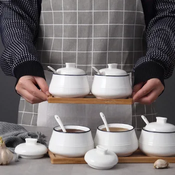 

Nordic kitchen ceramic seasoning jar seasoning with base chili salt box household with lid set storage ingredient box