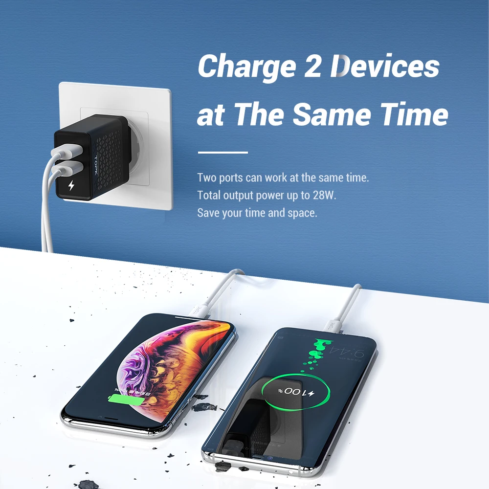 TOPK B254Q 28 Вт Quick Charge 3,0 Dual USB зарядное устройство для iPhone samsung Xiaomi huawei EU адаптер дорожное настенное зарядное устройство для мобильного телефона